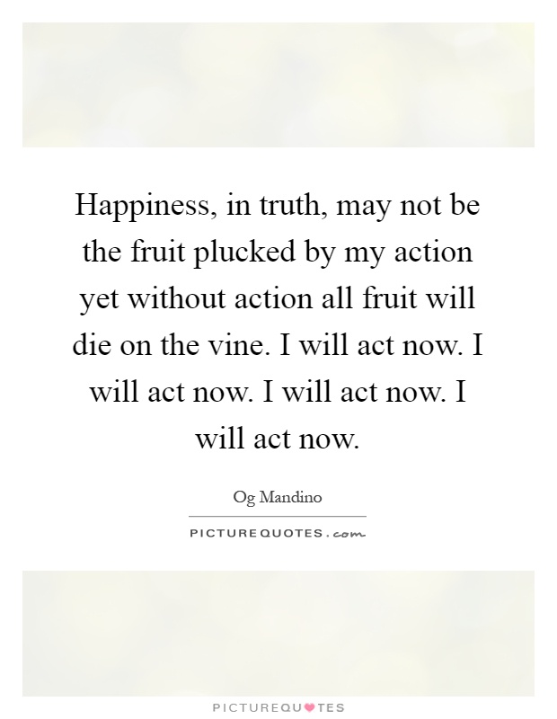 Happiness, in truth, may not be the fruit plucked by my action yet without action all fruit will die on the vine. I will act now. I will act now. I will act now. I will act now Picture Quote #1