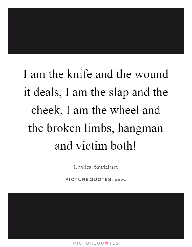 I am the knife and the wound it deals, I am the slap and the cheek, I am the wheel and the broken limbs, hangman and victim both! Picture Quote #1