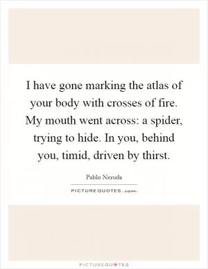 I have gone marking the atlas of your body with crosses of fire. My mouth went across: a spider, trying to hide. In you, behind you, timid, driven by thirst Picture Quote #1