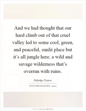 And we had thought that our hard climb out of that cruel valley led to some cool, green, and peaceful, sunlit place but it’s all jungle here, a wild and savage wilderness that’s overrun with ruins Picture Quote #1