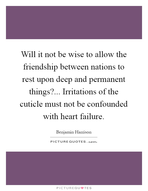 Will it not be wise to allow the friendship between nations to rest upon deep and permanent things?... Irritations of the cuticle must not be confounded with heart failure Picture Quote #1