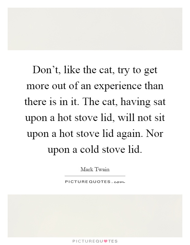 Don't, like the cat, try to get more out of an experience than there is in it. The cat, having sat upon a hot stove lid, will not sit upon a hot stove lid again. Nor upon a cold stove lid Picture Quote #1