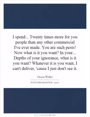 I spend... Twenty times more for you people than any other commercial I've ever made. You are such pests! Now what is it you want? In your... Depths of your ignorance, what is it you want? Whatever it is you want, I can't deliver, 'cause I just don't see it Picture Quote #1