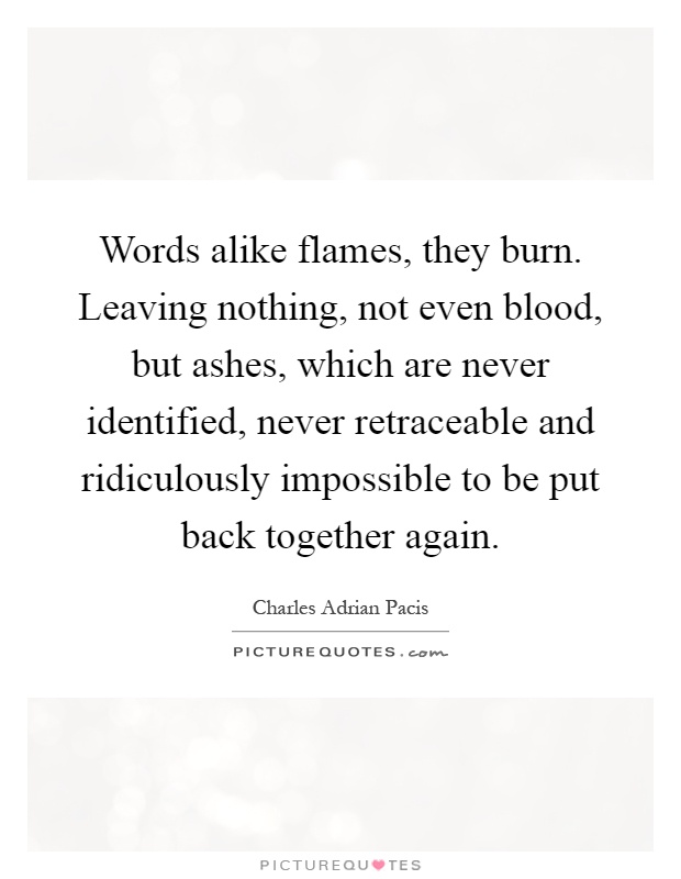 Words alike flames, they burn. Leaving nothing, not even blood, but ashes, which are never identified, never retraceable and ridiculously impossible to be put back together again Picture Quote #1