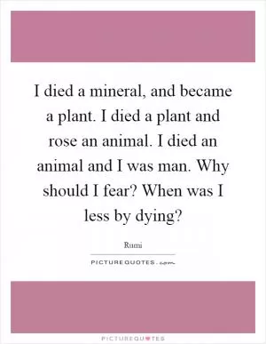 I died a mineral, and became a plant. I died a plant and rose an animal. I died an animal and I was man. Why should I fear? When was I less by dying? Picture Quote #1