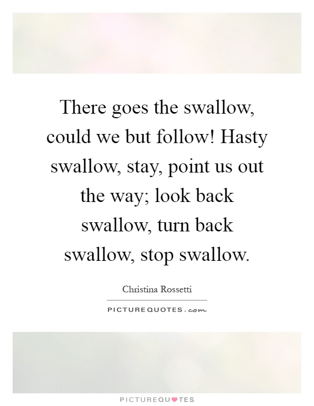 There goes the swallow, could we but follow! Hasty swallow, stay, point us out the way; look back swallow, turn back swallow, stop swallow Picture Quote #1