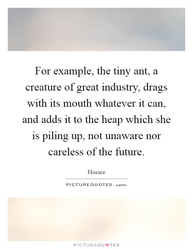 For example, the tiny ant, a creature of great industry, drags with its mouth whatever it can, and adds it to the heap which she is piling up, not unaware nor careless of the future Picture Quote #1