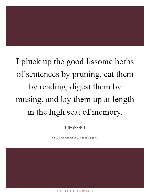 I pluck up the good lissome herbs of sentences by pruning, eat them by reading, digest them by musing, and lay them up at length in the high seat of memory Picture Quote #1