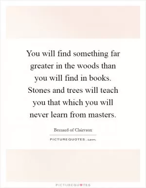 You will find something far greater in the woods than you will find in books. Stones and trees will teach you that which you will never learn from masters Picture Quote #1