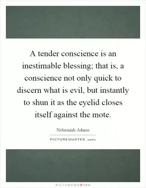 A tender conscience is an inestimable blessing; that is, a conscience not only quick to discern what is evil, but instantly to shun it as the eyelid closes itself against the mote Picture Quote #1