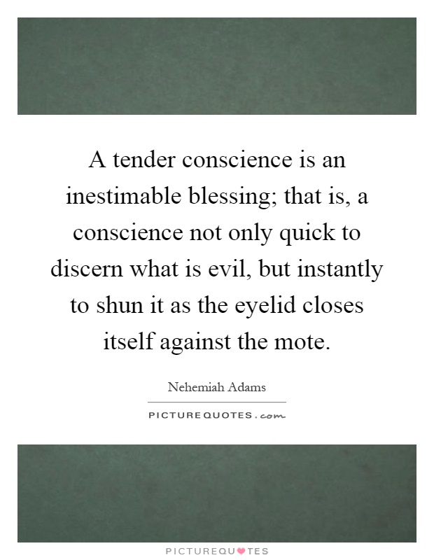 A tender conscience is an inestimable blessing; that is, a conscience not only quick to discern what is evil, but instantly to shun it as the eyelid closes itself against the mote Picture Quote #1
