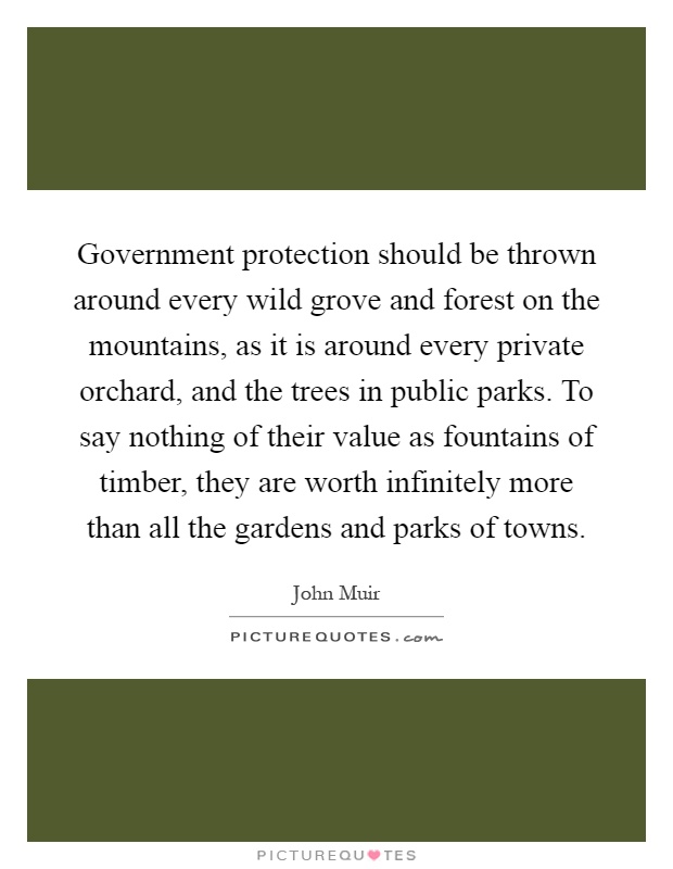 Government protection should be thrown around every wild grove and forest on the mountains, as it is around every private orchard, and the trees in public parks. To say nothing of their value as fountains of timber, they are worth infinitely more than all the gardens and parks of towns Picture Quote #1