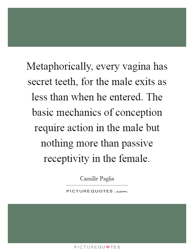 Metaphorically, every vagina has secret teeth, for the male exits as less than when he entered. The basic mechanics of conception require action in the male but nothing more than passive receptivity in the female Picture Quote #1