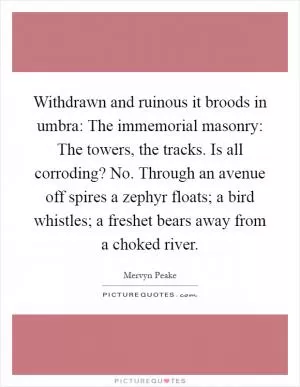 Withdrawn and ruinous it broods in umbra: The immemorial masonry: The towers, the tracks. Is all corroding? No. Through an avenue off spires a zephyr floats; a bird whistles; a freshet bears away from a choked river Picture Quote #1