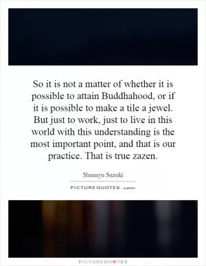 So it is not a matter of whether it is possible to attain Buddhahood, or if it is possible to make a tile a jewel. But just to work, just to live in this world with this understanding is the most important point, and that is our practice. That is true zazen Picture Quote #1