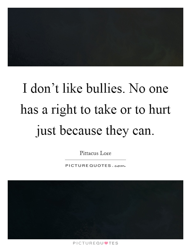 I don't like bullies. No one has a right to take or to hurt just because they can Picture Quote #1