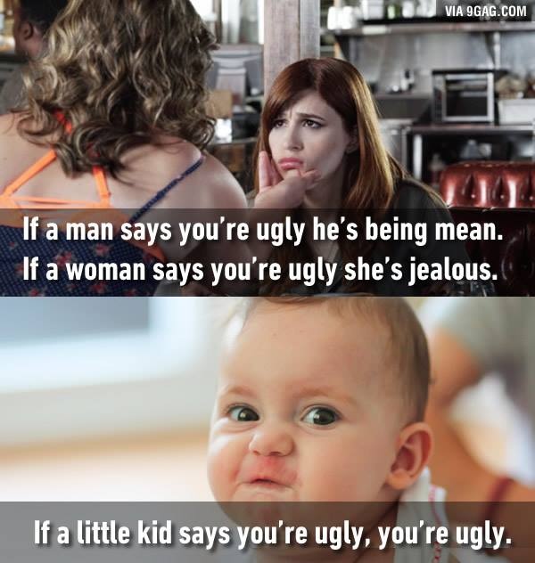 If a man says you're ugly he's being mean. If a woman says you're ugly she's jealous. If a little kid says you're ugly, you're ugly Picture Quote #1