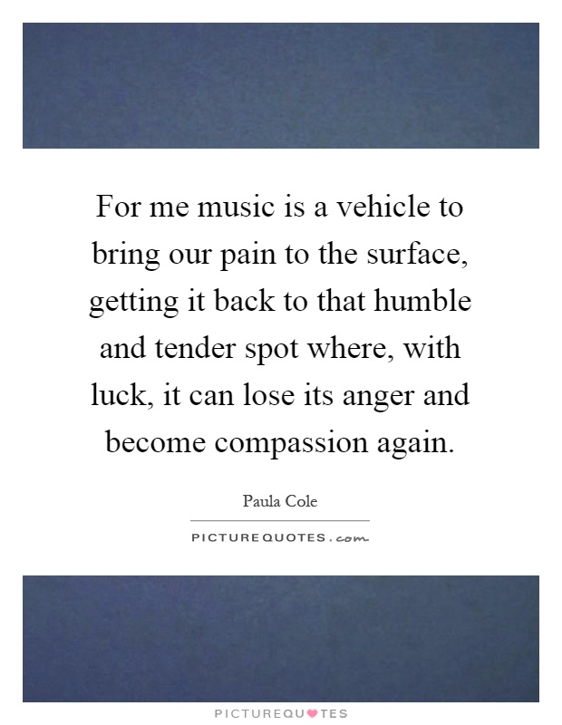 For me music is a vehicle to bring our pain to the surface, getting it back to that humble and tender spot where, with luck, it can lose its anger and become compassion again Picture Quote #1