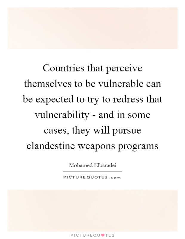 Countries that perceive themselves to be vulnerable can be expected to try to redress that vulnerability - and in some cases, they will pursue clandestine weapons programs Picture Quote #1