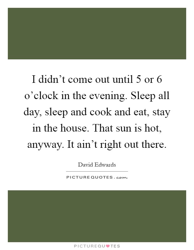 I didn't come out until 5 or 6 o'clock in the evening. Sleep all day, sleep and cook and eat, stay in the house. That sun is hot, anyway. It ain't right out there Picture Quote #1