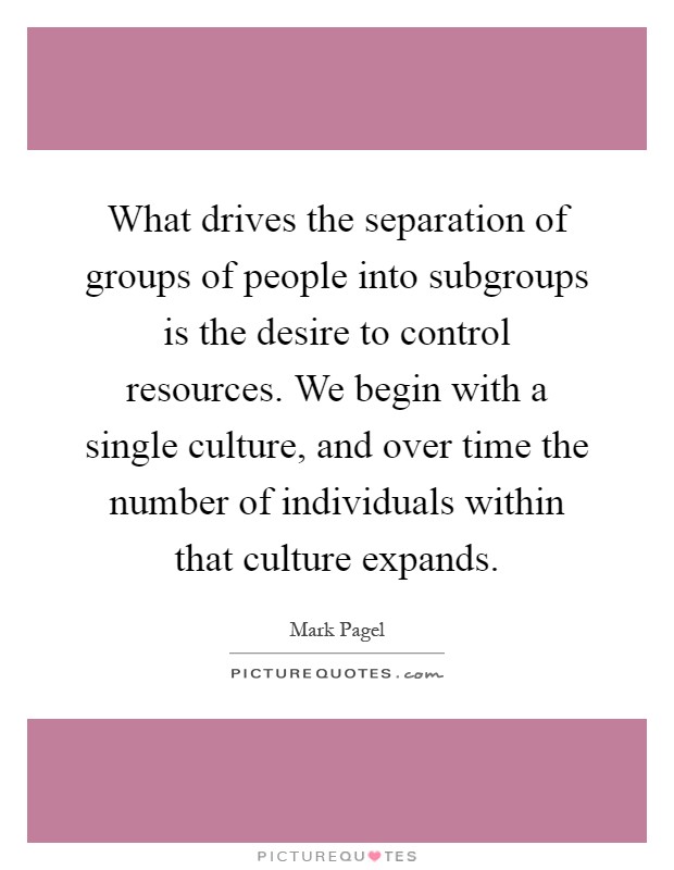 What drives the separation of groups of people into subgroups is the desire to control resources. We begin with a single culture, and over time the number of individuals within that culture expands Picture Quote #1