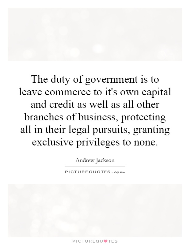 The duty of government is to leave commerce to it's own capital and credit as well as all other branches of business, protecting all in their legal pursuits, granting exclusive privileges to none Picture Quote #1