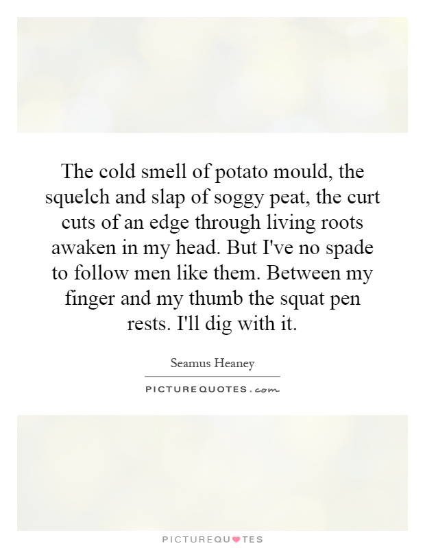 The cold smell of potato mould, the squelch and slap of soggy peat, the curt cuts of an edge through living roots awaken in my head. But I've no spade to follow men like them. Between my finger and my thumb the squat pen rests. I'll dig with it Picture Quote #1