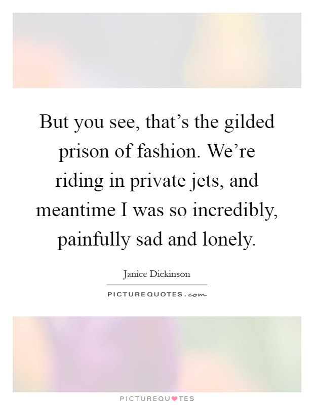 But you see, that's the gilded prison of fashion. We're riding in private jets, and meantime I was so incredibly, painfully sad and lonely Picture Quote #1