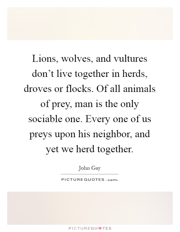 Lions, wolves, and vultures don't live together in herds, droves or flocks. Of all animals of prey, man is the only sociable one. Every one of us preys upon his neighbor, and yet we herd together Picture Quote #1