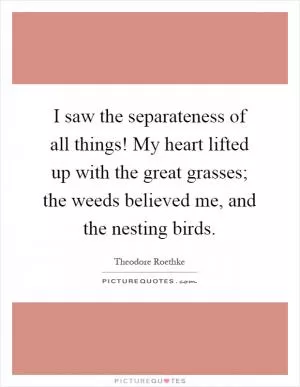 I saw the separateness of all things! My heart lifted up with the great grasses; the weeds believed me, and the nesting birds Picture Quote #1