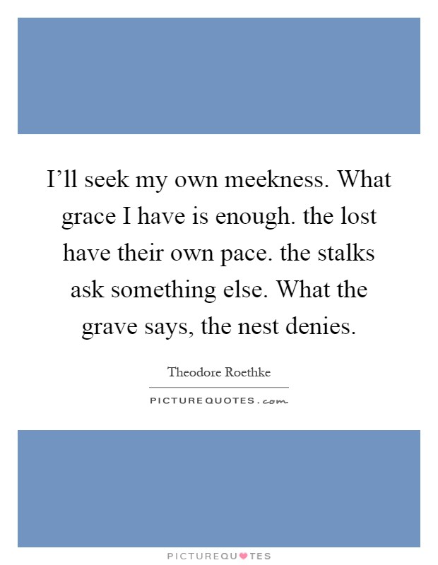 I'll seek my own meekness. What grace I have is enough. the lost have their own pace. the stalks ask something else. What the grave says, the nest denies Picture Quote #1