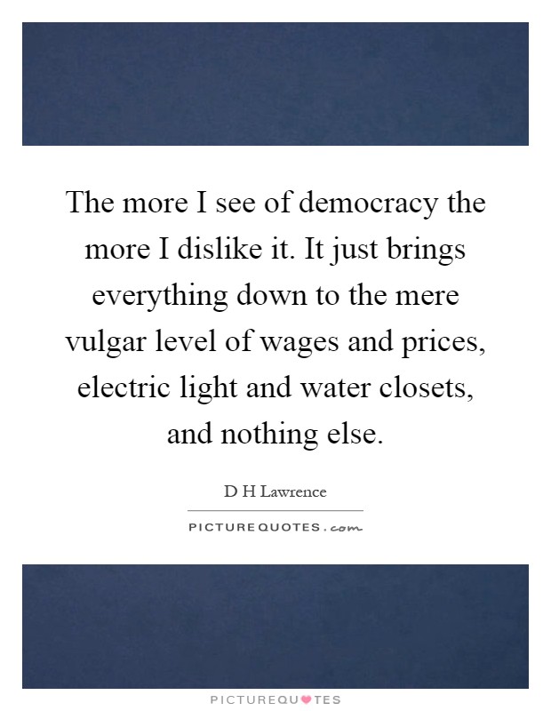 The more I see of democracy the more I dislike it. It just brings everything down to the mere vulgar level of wages and prices, electric light and water closets, and nothing else Picture Quote #1