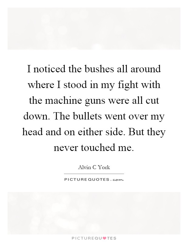 I noticed the bushes all around where I stood in my fight with the machine guns were all cut down. The bullets went over my head and on either side. But they never touched me Picture Quote #1