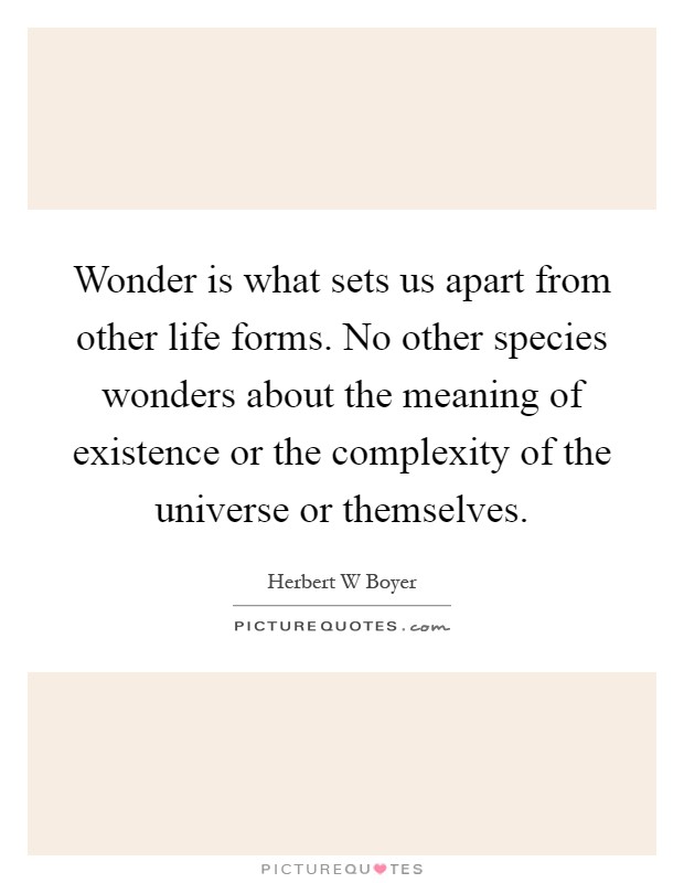 Wonder is what sets us apart from other life forms. No other species wonders about the meaning of existence or the complexity of the universe or themselves Picture Quote #1