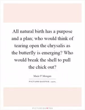 All natural birth has a purpose and a plan; who would think of tearing open the chrysalis as the butterfly is emerging? Who would break the shell to pull the chick out? Picture Quote #1