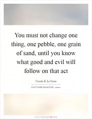 You must not change one thing, one pebble, one grain of sand, until you know what good and evil will follow on that act Picture Quote #1