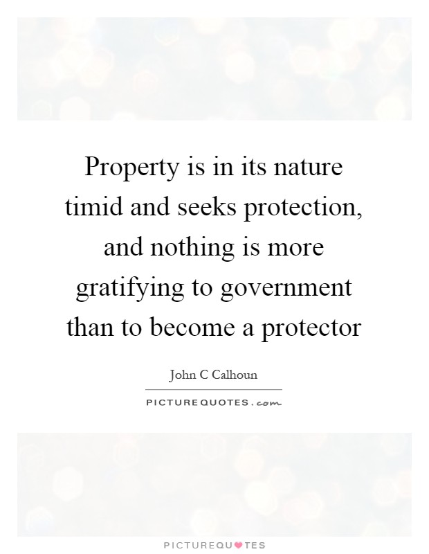 Property is in its nature timid and seeks protection, and nothing is more gratifying to government than to become a protector Picture Quote #1