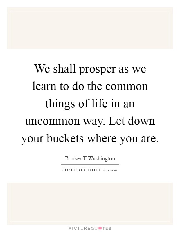 We shall prosper as we learn to do the common things of life in an uncommon way. Let down your buckets where you are Picture Quote #1
