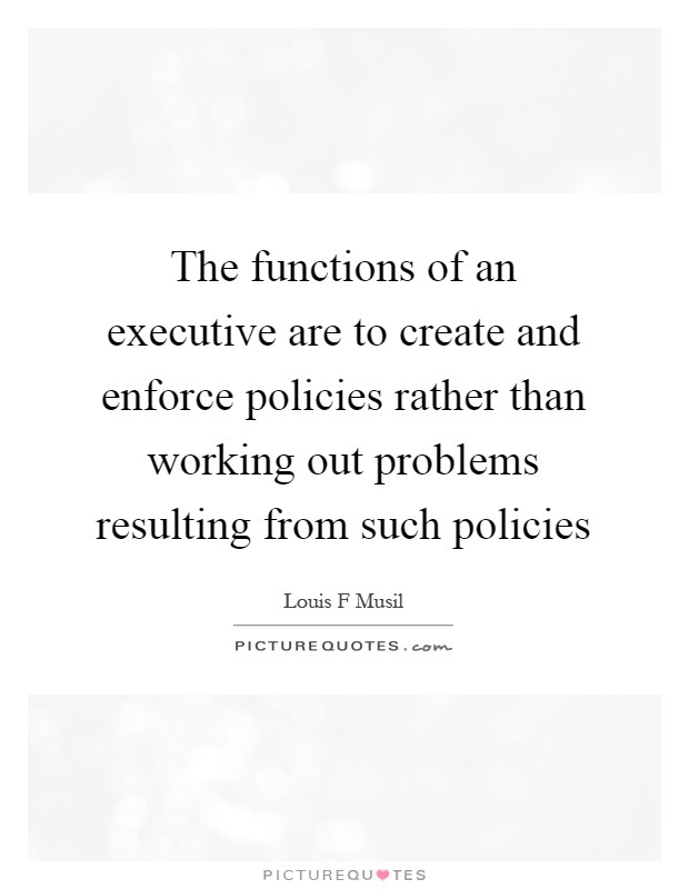 The functions of an executive are to create and enforce policies rather than working out problems resulting from such policies Picture Quote #1
