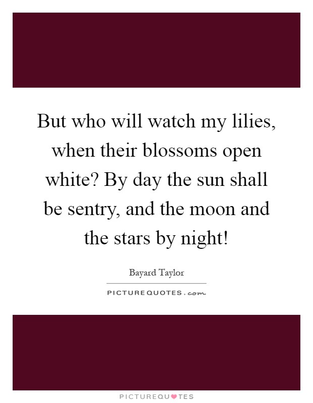 But who will watch my lilies, when their blossoms open white? By day the sun shall be sentry, and the moon and the stars by night! Picture Quote #1