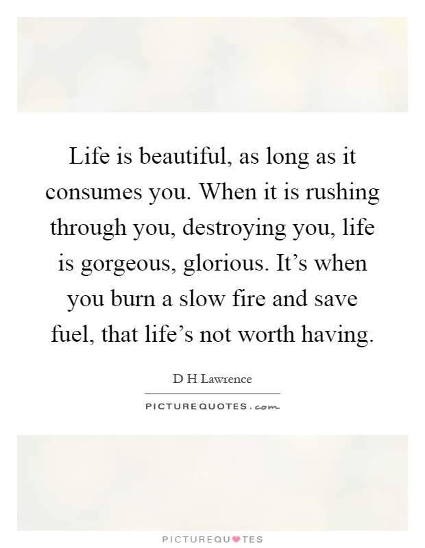 Life is beautiful, as long as it consumes you. When it is rushing through you, destroying you, life is gorgeous, glorious. It's when you burn a slow fire and save fuel, that life's not worth having Picture Quote #1