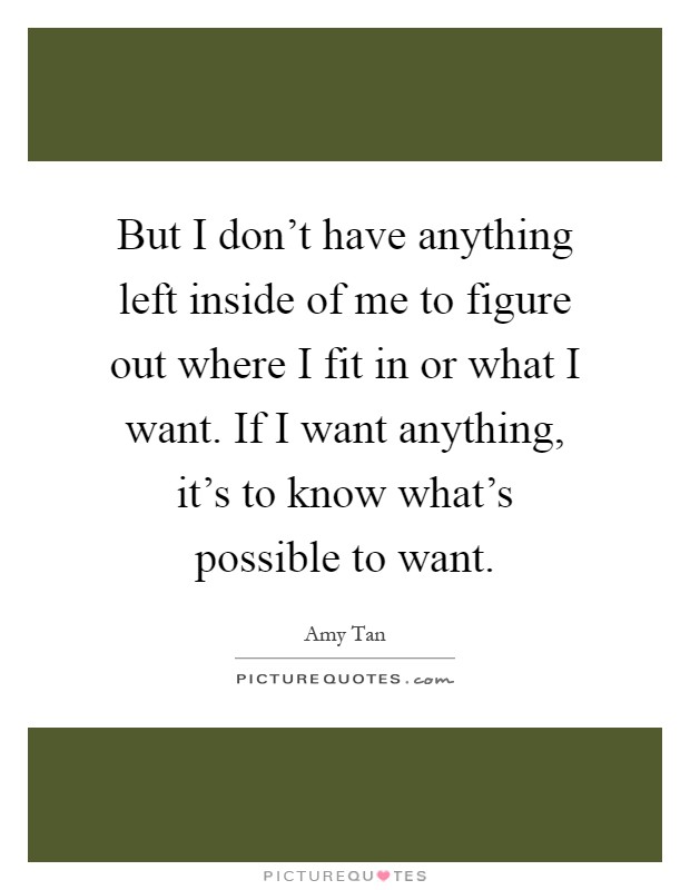 But I don't have anything left inside of me to figure out where I fit in or what I want. If I want anything, it's to know what's possible to want Picture Quote #1
