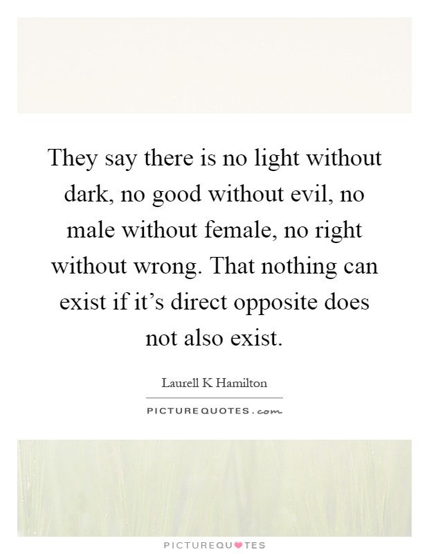 They say there is no light without dark, no good without evil, no male without female, no right without wrong. That nothing can exist if it's direct opposite does not also exist Picture Quote #1