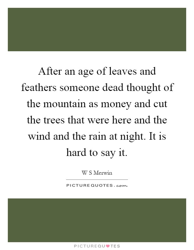 After an age of leaves and feathers someone dead thought of the mountain as money and cut the trees that were here and the wind and the rain at night. It is hard to say it Picture Quote #1