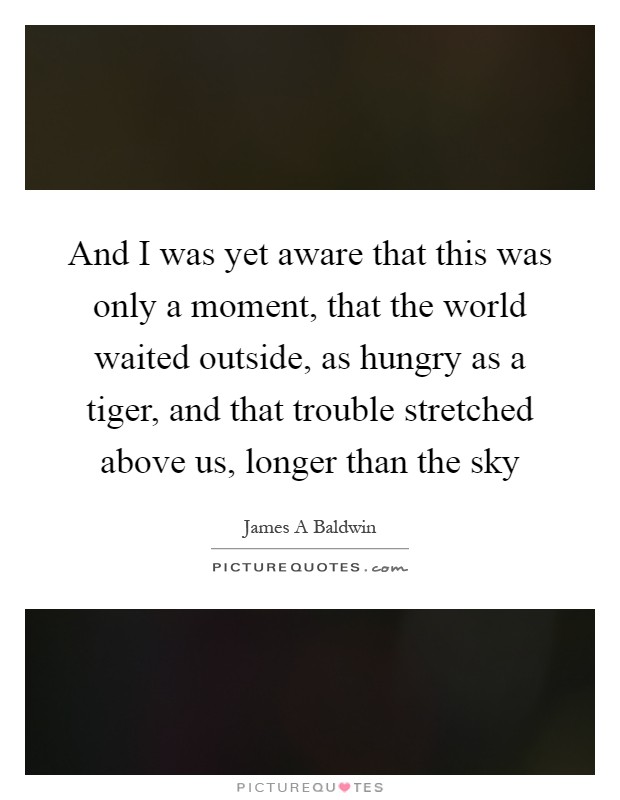 And I was yet aware that this was only a moment, that the world waited outside, as hungry as a tiger, and that trouble stretched above us, longer than the sky Picture Quote #1