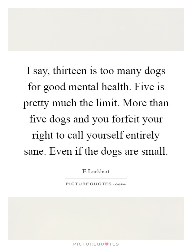 I say, thirteen is too many dogs for good mental health. Five is pretty much the limit. More than five dogs and you forfeit your right to call yourself entirely sane. Even if the dogs are small Picture Quote #1