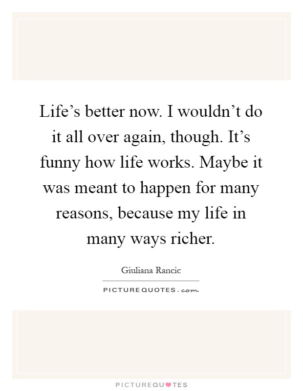 Life's better now. I wouldn't do it all over again, though. It's funny how life works. Maybe it was meant to happen for many reasons, because my life in many ways richer Picture Quote #1