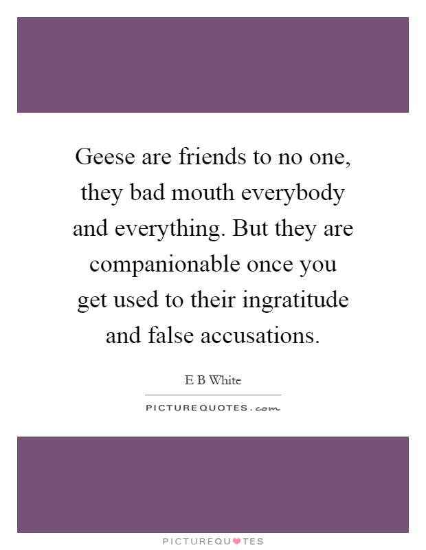 Geese are friends to no one, they bad mouth everybody and everything. But they are companionable once you get used to their ingratitude and false accusations Picture Quote #1