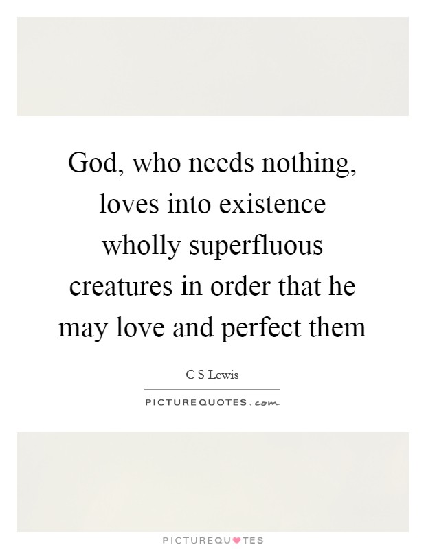 God, who needs nothing, loves into existence wholly superfluous creatures in order that he may love and perfect them Picture Quote #1