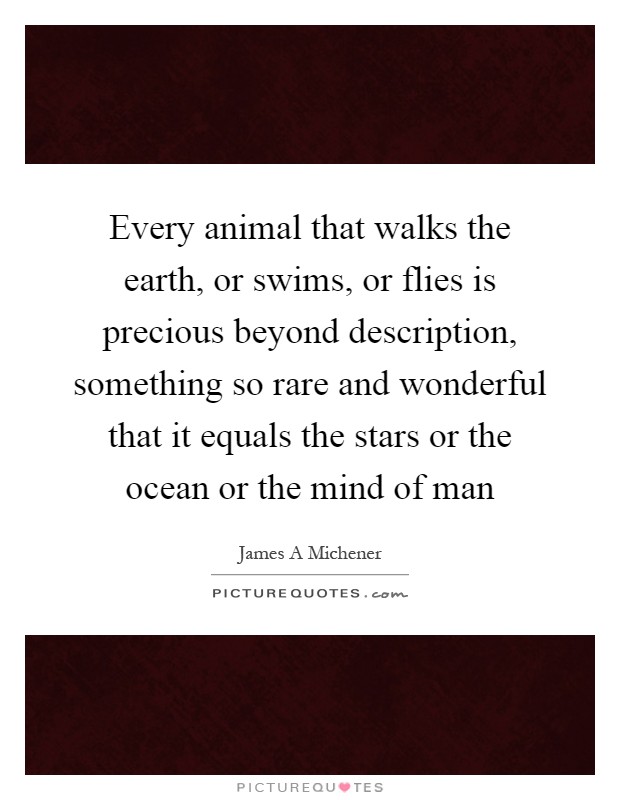 Every animal that walks the earth, or swims, or flies is precious beyond description, something so rare and wonderful that it equals the stars or the ocean or the mind of man Picture Quote #1